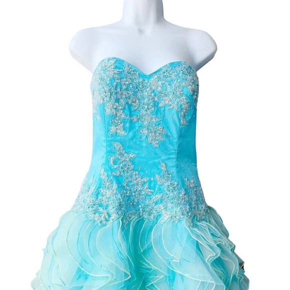 ALYCE DESIGNS Ruffle Sheer Prom Gown Size 8 Aqua Strapless Embellished Cocktail - Picture 2 of 5